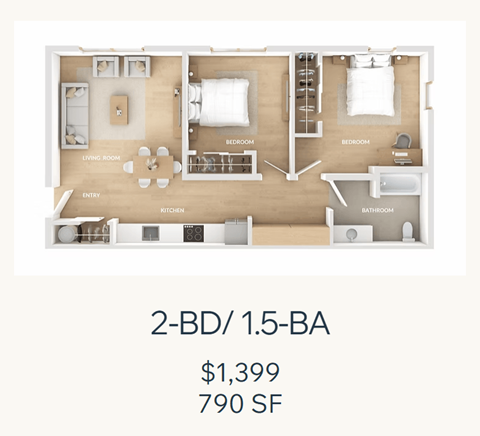 Floor plan for 2 beds, 1.5 baths, 791 sqft